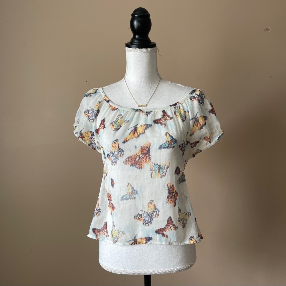 MUDD | Sheer White Butterfly Print Blouse Sz S